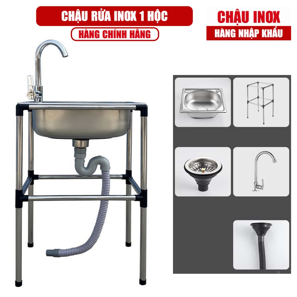 Chậu Rửa Chén 1 Hộc Inox Kích Thước 42*36*75cm Có Kèm Chân, Vòi, Bộ Xả ...