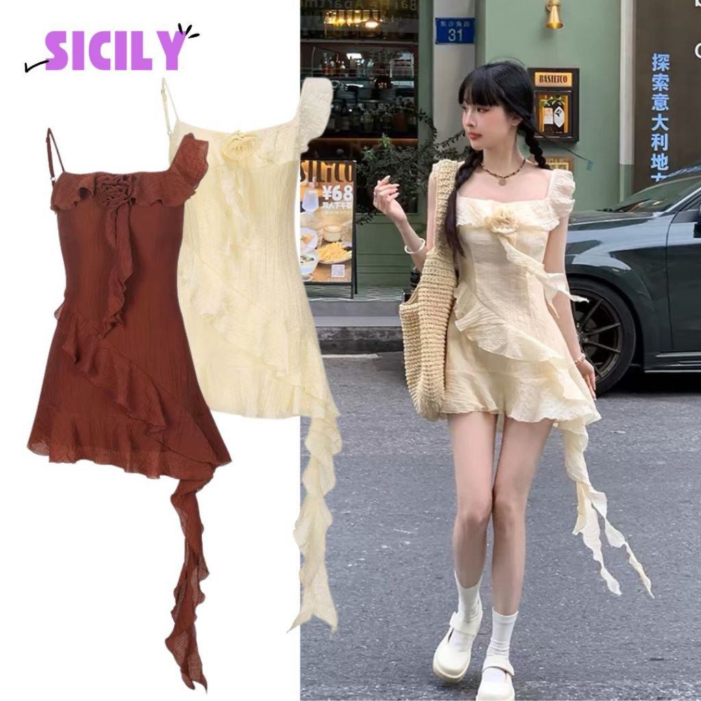 Váy hai dây phối bèo chéo tà dài Sicily Đầm chữ A VHD605