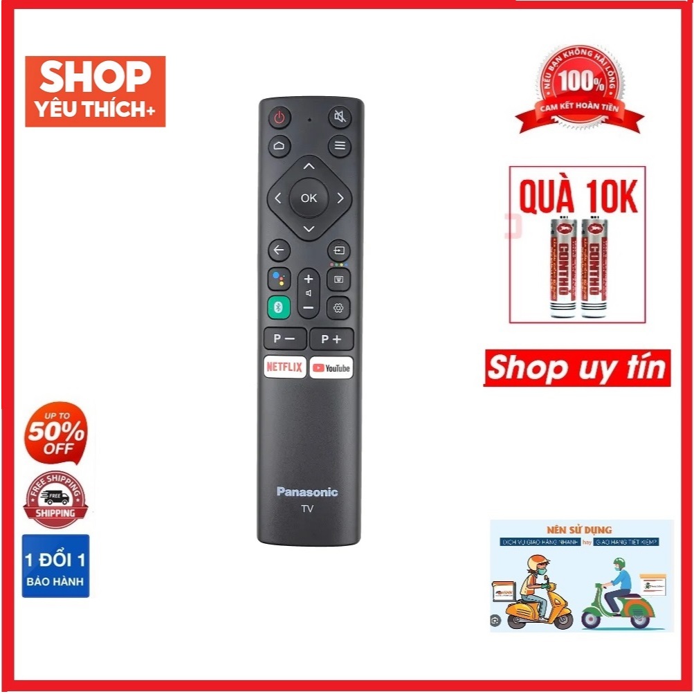 Điều khiển tivi panasonic giọng nói loại ngắn 1 nút xanh, Remote TV panasonic có mic giọng nói