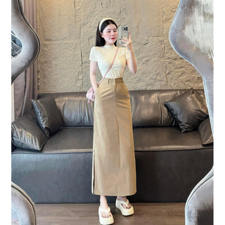 [S2.782] Set Áo Phông Cotton Mix Chân Váy Thô Kaki Nâu Dáng Dài Cá Tính