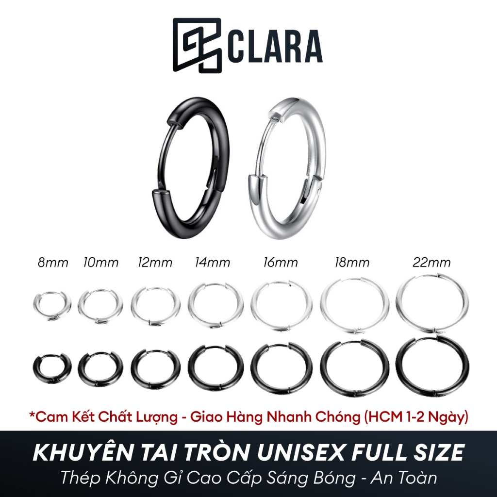 Khuyên tai tròn nam nữ to nhỏ, Bông tai khuyên tròn, Khuyên tai titan không gỉ (1 chiếc) - Clara