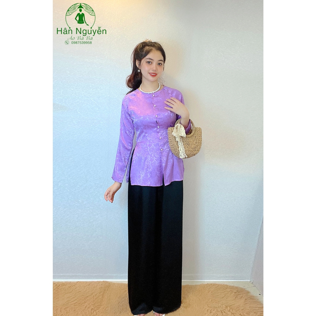 Hân Nguyễn Áo Bà Ba - B.A47 - Áo Bà Ba gấm Hoa + Quần Satin