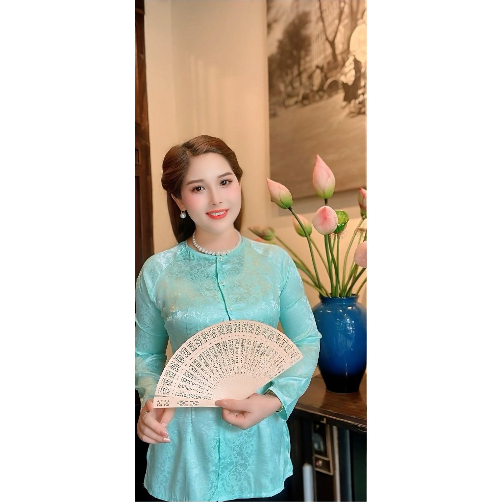 Hân Nguyễn Áo Bà Ba - B.A47 - (Áo Lẻ) Bà Ba Gấm Hoa Cổ Tròn Tay Dài Nữ Top Women Sơ Mi