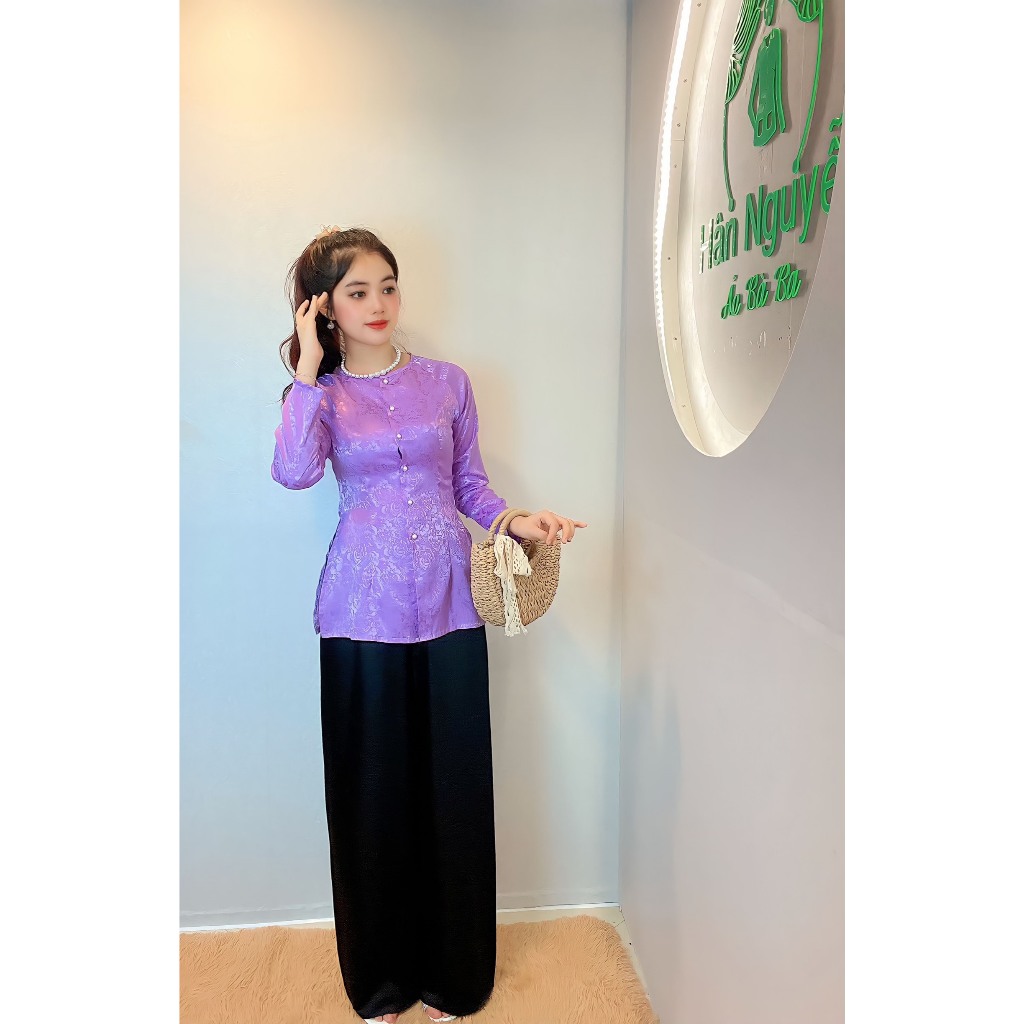 Hân Nguyễn Áo Bà Ba - B.A47 - (Áo Lẻ) Bà Ba Gấm Hoa Cổ Tròn Tay Dài Nữ Top Women Sơ Mi