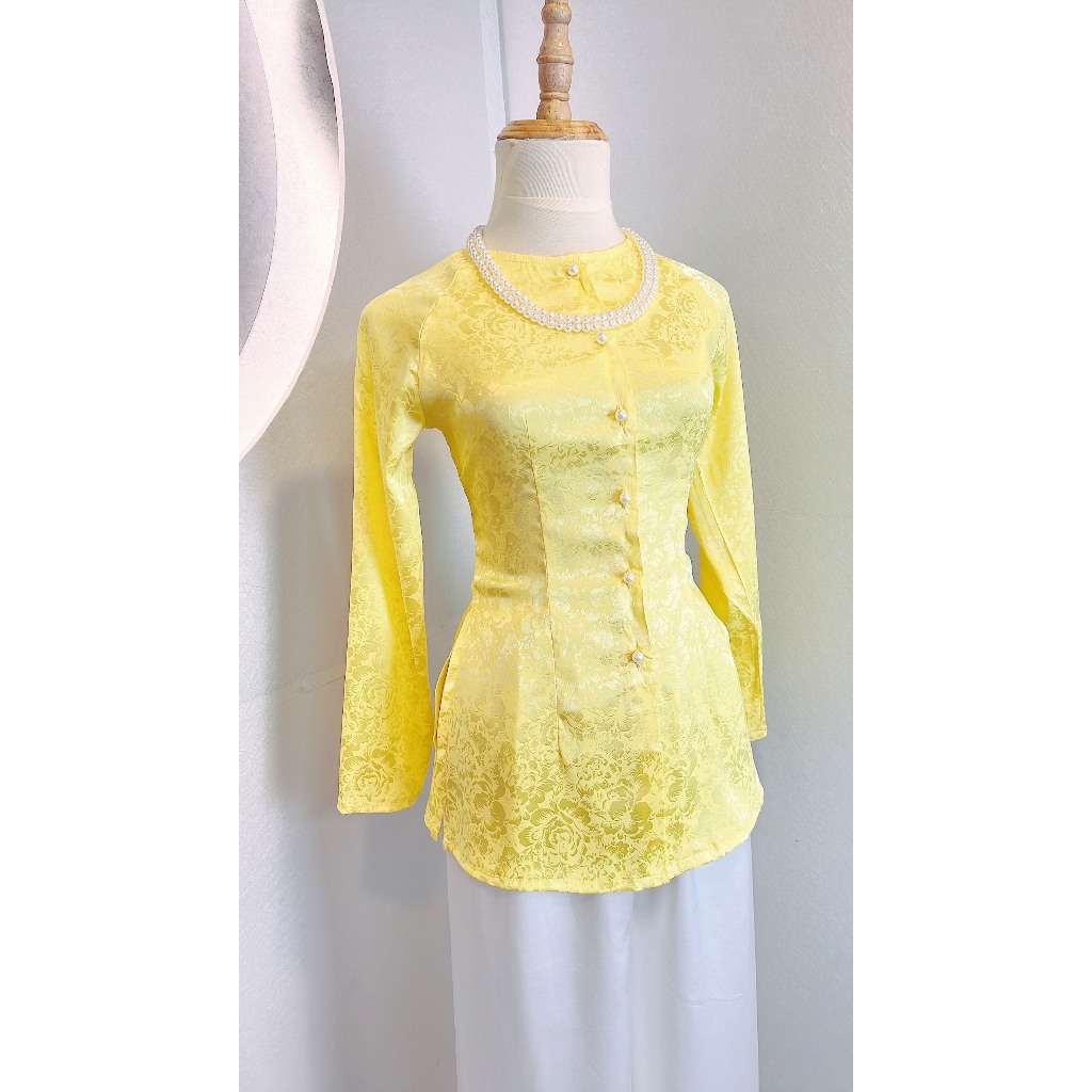 Hân Nguyễn Áo Bà Ba - B.A47 - (Áo Lẻ) Bà Ba Gấm Hoa Cổ Tròn Tay Dài Nữ Top Women Sơ Mi