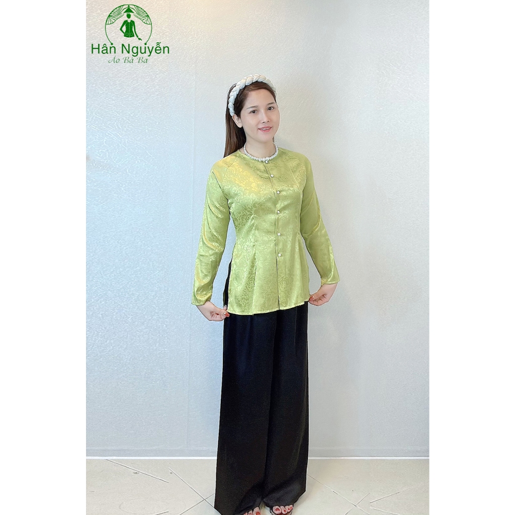Hân Nguyễn Áo Bà Ba - B.A47 - (Áo Lẻ) Bà Ba Gấm Hoa Cổ Tròn Tay Dài Nữ Top Women Sơ Mi