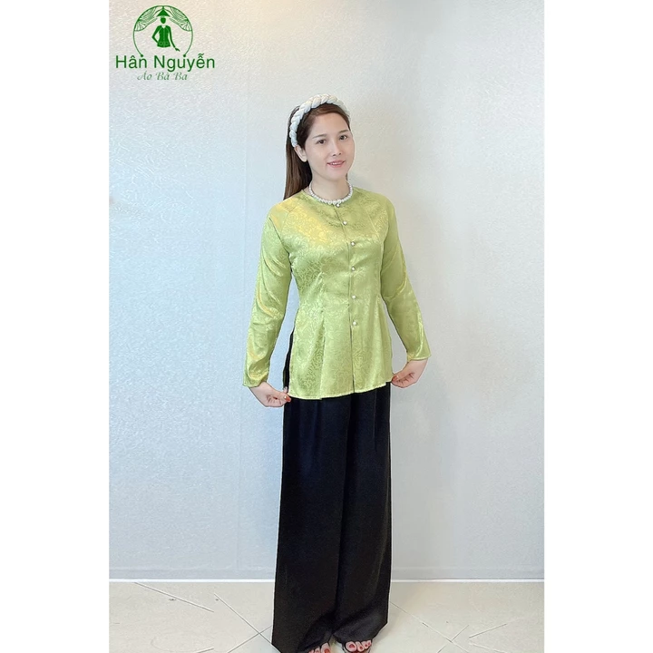 Hân Nguyễn Áo Bà Ba - B.A47 - (Áo Lẻ) Bà Ba Gấm Hoa Cổ Tròn Tay Dài Nữ Top Women Sơ Mi