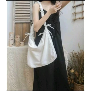 (Tặng kèm ví nhỏ đựng tiền) Túi canvas đeo vai đeo chéo thắt nơ form to đi học, đi biển - DÂY RÚT THẮT NƠ
