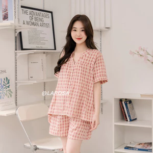 Đồ Bộ Bầu Và Sau Sinh Cổ Tàu Mùa Hè Larosa Mặc Nhà Vải Caro Labee - LR021B