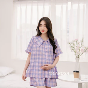 Đồ Bộ Bầu Và Sau Sinh Cổ Bèo Mùa Hè Larosa Mặc Nhà Vải Caro Labee Cao Cấp Mềm Mát - LR018B
