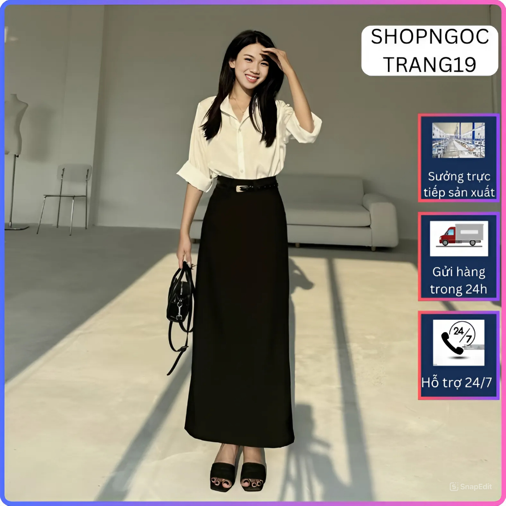 Chân Váy Chữ A Suông 90cm Phối Đai Da Thiết Kế Túi Giả Phía Sau_SHOPNGOCTRANG19_Tăng Đai Da_Chất Liệu Chép Nhật_CV146