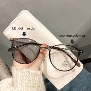 Gọng kính cận mắt kính đổi màu thời trang nữ mắt tròn không độ chống tia UV ánh sáng xanh thay được tròng cận ABICA 501
