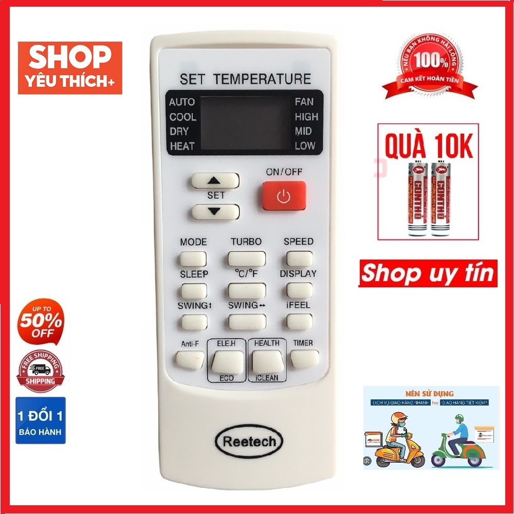 Điều khiển điều hòa Reetech YKR-H/002E mặt trắng viền đen và 1 nút đỏ bên phải dùng thay thế cho khiển theo máy