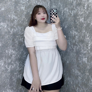 Set Đồ Bigsize Nữ Thiết Kế Nhún Lưng Tay Bồng Xếp Ly Tay Ngắn Dáng Babydoll Tiểu Thư SET55