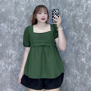 Set Đồ Bigsize Nữ Thiết Kế Nhún Lưng Tay Bồng Xếp Ly Tay Ngắn Dáng Babydoll Tiểu Thư SET55