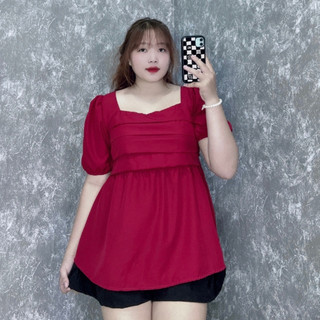 Set Đồ Bigsize Nữ Thiết Kế Nhún Lưng Tay Bồng Xếp Ly Tay Ngắn Dáng Babydoll Tiểu Thư SET55