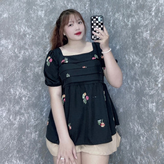 Set Đồ Bigsize Nữ Thiết Kế Nhún Lưng Tay Bồng Xếp Ly Tay Ngắn Dáng Babydoll Tiểu Thư SET55