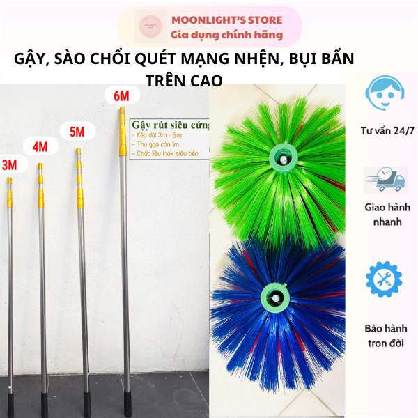 Sào Gậy Chổi Quét Màng Nhện Bụi Bẩn Trần Nhà  Dài 3m-7m, Thân Inox Cao Cấp Rút Gọn 1,2-1,5m