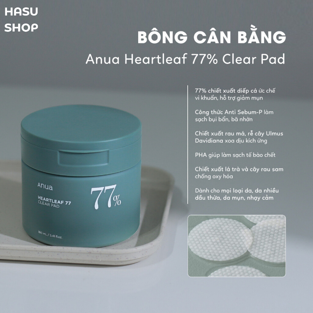 Toner Pad Bông Cân Bằng Diếp Cá Làm Dịu, Cấp Ẩm Anua Heartleaf 77% Clear Pad 160ml - HasuShop