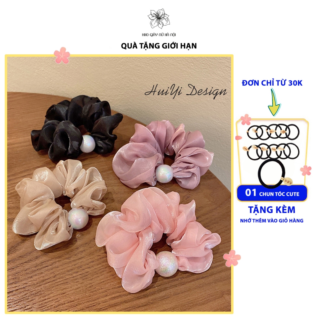 Dây buộc tóc, Scrunchies đính ngọc trai nhân tạo lụa satin nhún phong cách tiểu thư xinh xắn