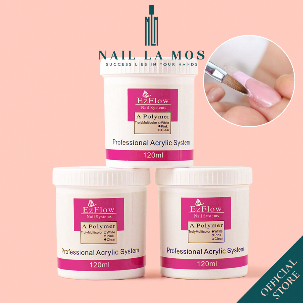 Bột đắp móng Ezflow 120ml chính hãng rất mịn và dẻo, không vón cục – Polymer Nail Powder đủ 3 màu white, pink, clear