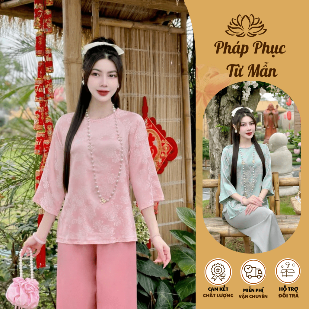 Bộ đi chùa cổ tết lụa gấm hoa Pháp phục đi lễ tay lỡ Đồ lam nữ cách tân vân hoa Thanh lịch