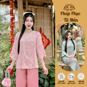 Bộ đi chùa cổ tết lụa gấm hoa Pháp phục đi lễ tay lỡ Đồ lam nữ cách tân vân hoa Thanh lịch