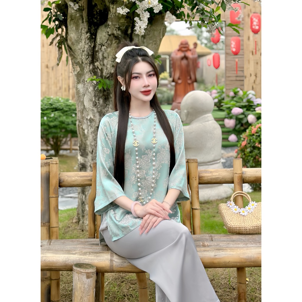 Bộ đi chùa cổ tết lụa gấm hoa Pháp phục đi lễ tay lỡ Đồ lam nữ cách tân vân hoa Thanh lịch