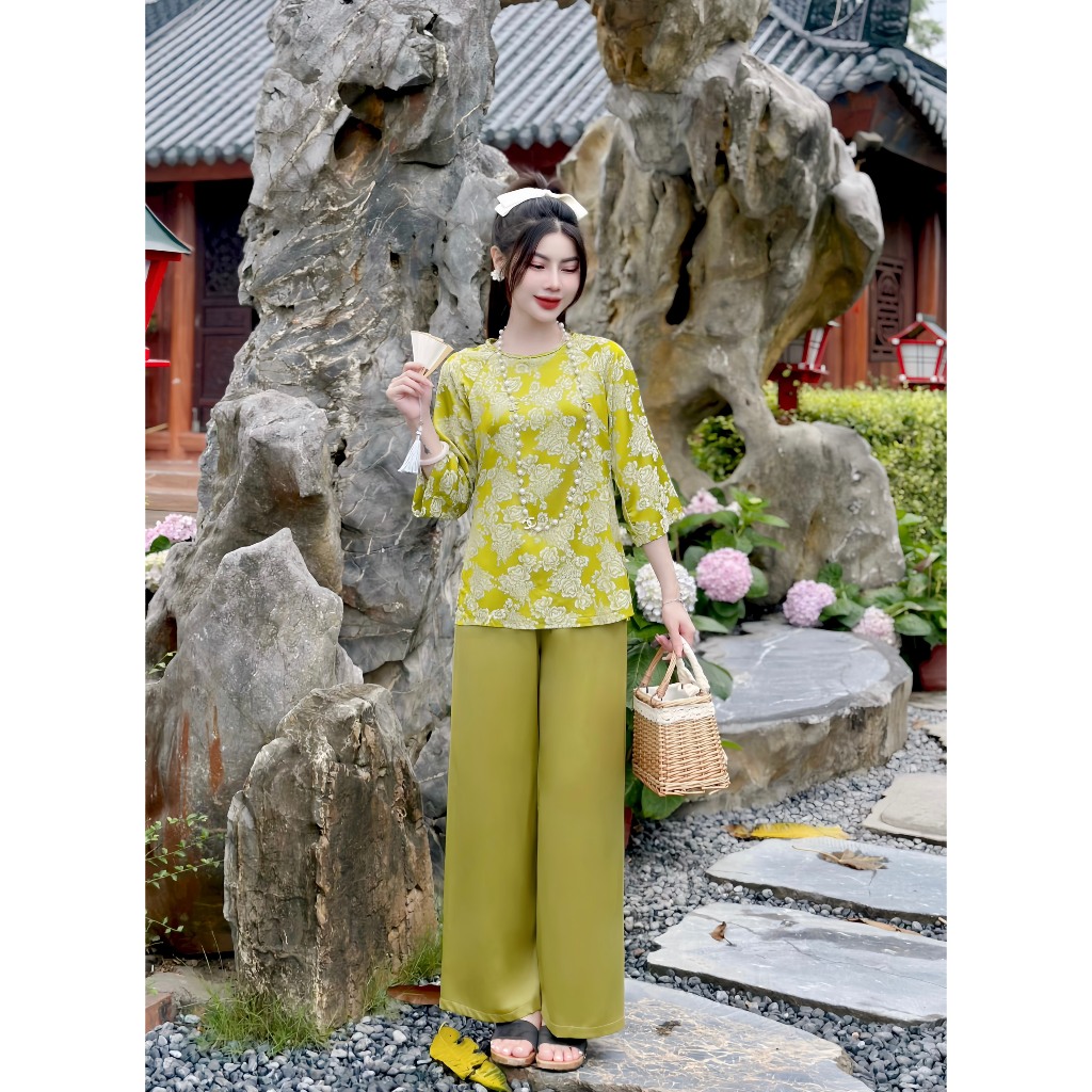 Bộ đi chùa cổ tết lụa gấm hoa Pháp phục đi lễ tay lỡ Đồ lam nữ cách tân vân hoa Thanh lịch