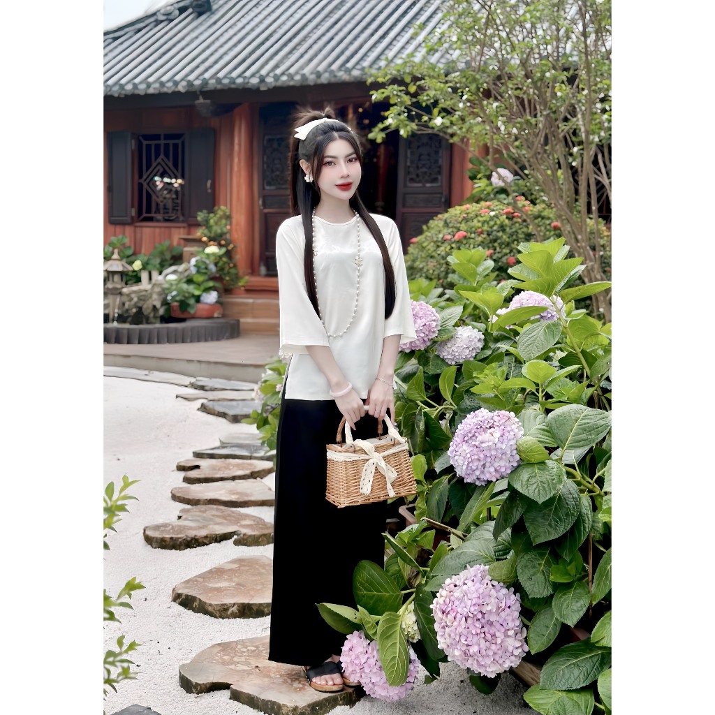 Bộ đi chùa cổ tết lụa gấm hoa Pháp phục đi lễ tay lỡ Đồ lam nữ cách tân vân hoa Thanh lịch