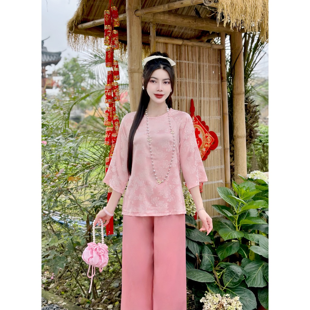Bộ đi chùa cổ tết lụa gấm hoa Pháp phục đi lễ tay lỡ Đồ lam nữ cách tân vân hoa Thanh lịch