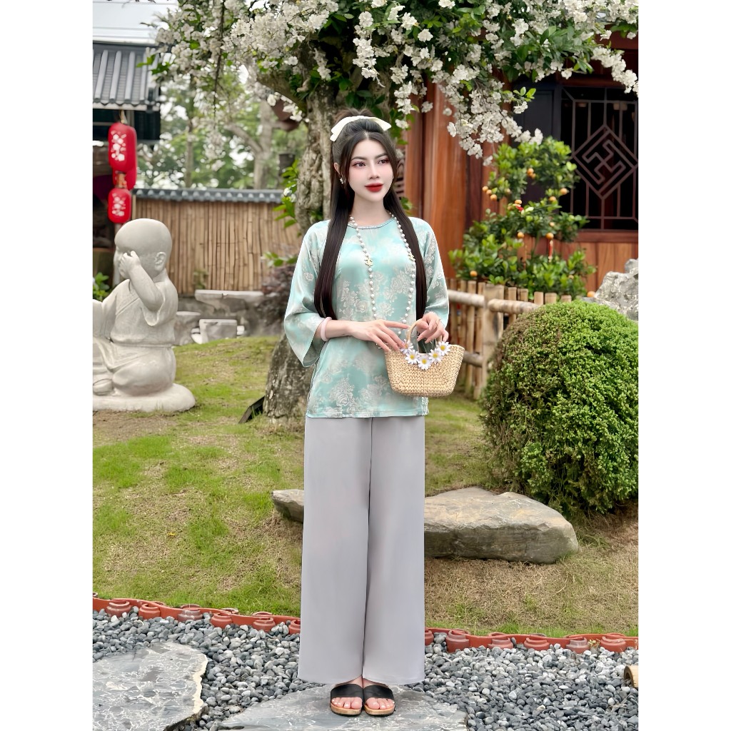 Bộ đi chùa cổ tết lụa gấm hoa Pháp phục đi lễ tay lỡ Đồ lam nữ cách tân vân hoa Thanh lịch