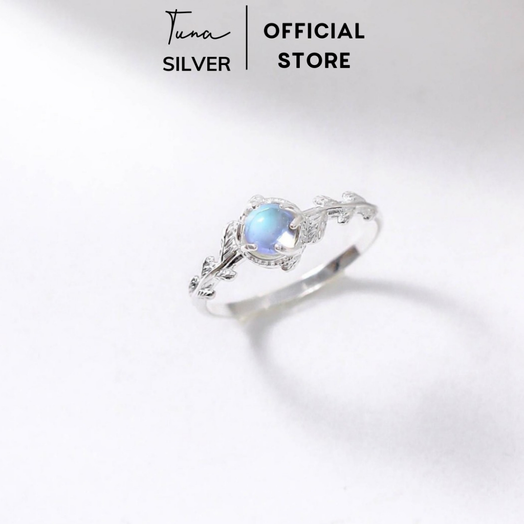 Nhẫn Bạc nữ đính đá đính moonstone cao cấp, Nhẫn bạc đá mặt trăng đổi màu lá nguyệt quế TUNA SILVER Trang sức bạc