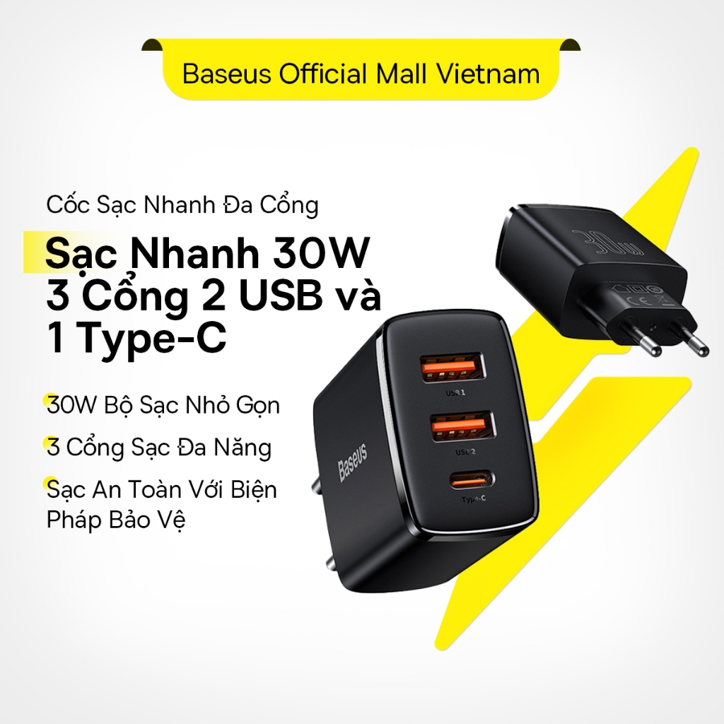 Củ Sạc Nhanh Baseus 30W PD Cổng USB Type-C, Cổng USB và Cổng Type-C  Cho Điện Thoại