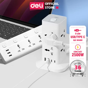 Ổ Cắm Điện Đa Năng Cổng Type C USB tải 2500W Dây 5m Deli 2-6 Lỗ Cắm An Toàn
