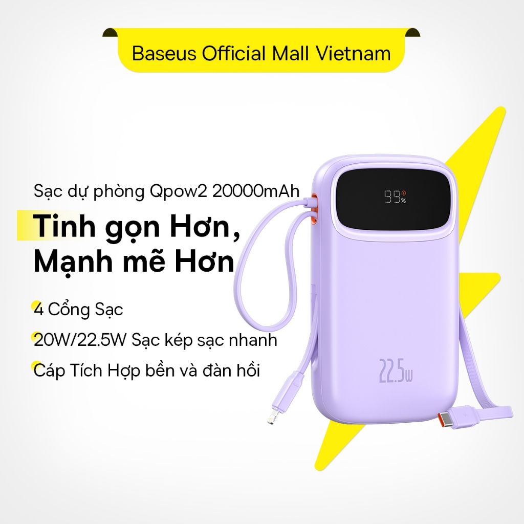 Ảnh Sạc Dự Phòng Hai Đầu Dây Baseus 20000mAh PD 22.5W TypeC &IP 2 Cổng Tiện Dụng Cho iP 15 14 13 Samsung Điện Thoại 1
