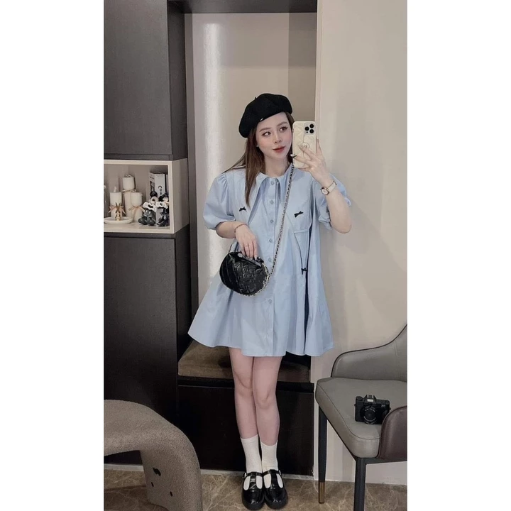 Váy kiểu nữ tiểu thư váy babydoll cổ nhọn 4 nơ chất vải thô hàn cao cấp váy nơ cổ piter xinh xắn V179 PANOSI