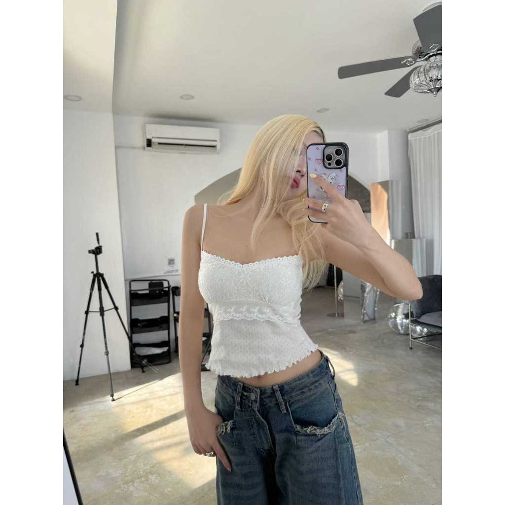 SECODEE Áo Hai Dây Nơ Ren Ôm ELEGANT TOP Áo Dây Viền Ren Chất Cotton Thoáng Mát GDR24091337