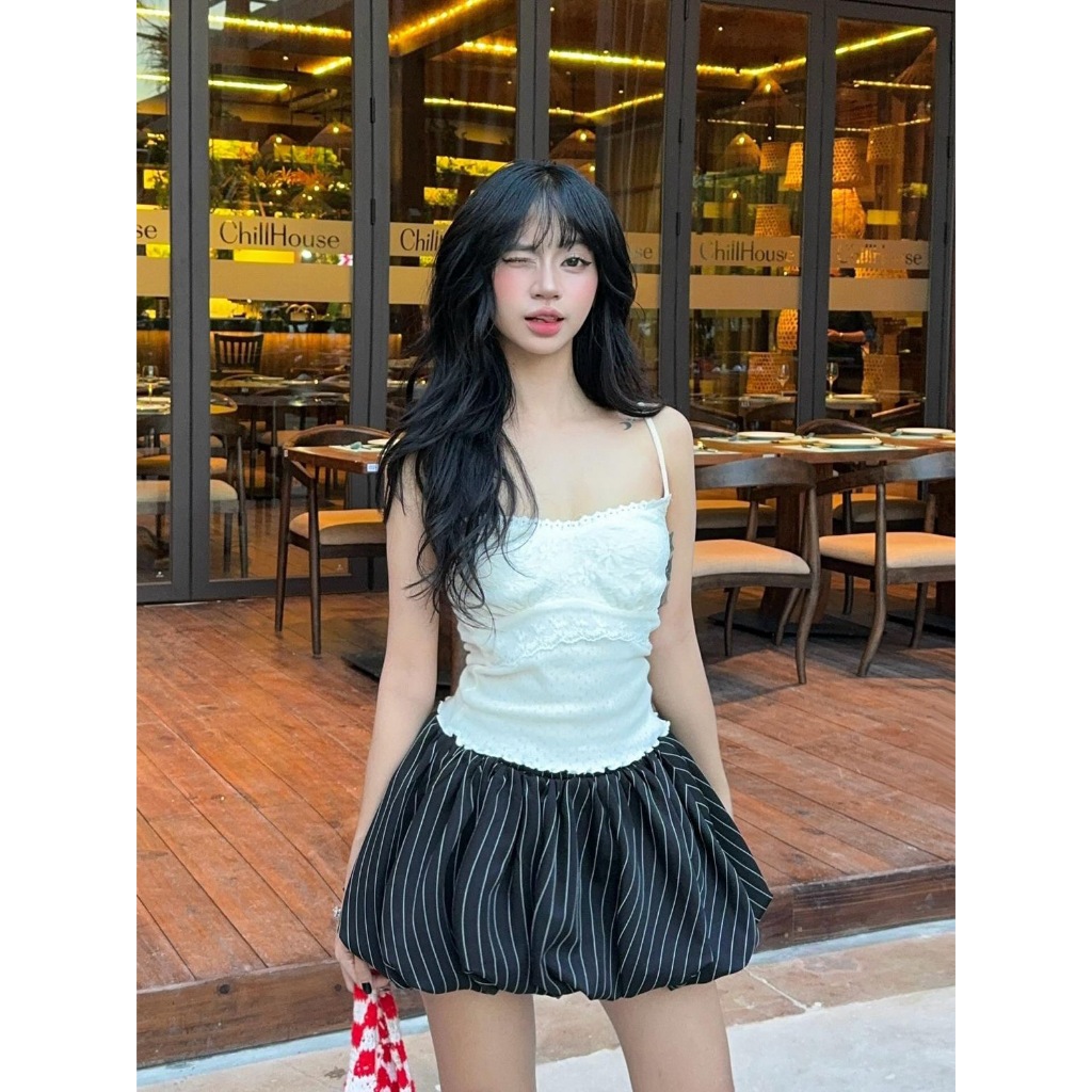 SECODEE Áo Hai Dây Nơ Ren Ôm ELEGANT TOP Áo Dây Viền Ren Chất Cotton Thoáng Mát GDR24091337