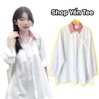 Áo sơ mi trắng dài tay cổ kẻ đỏ mặc đi học Yến Tee #019