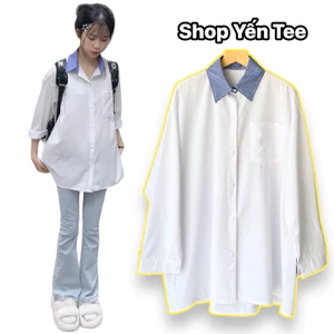 Áo sơ mi trắng dài tay phối cổ xanh Yến Tee Shop , mặc đi học chất mát #019