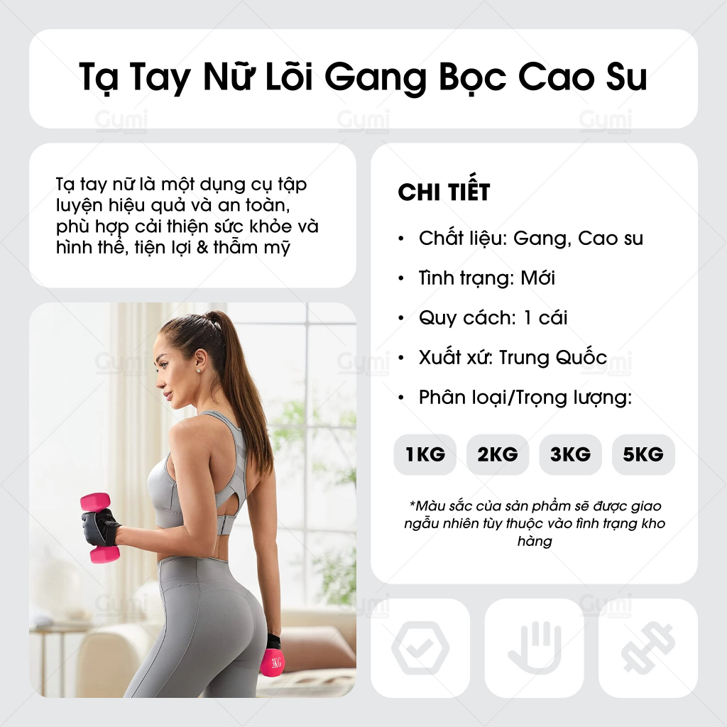 [1 Cái] Tạ tay nữ 1kg lõi gang đặc bọc cao su tập gym yoga chống trơn trượt, xước vỡ sàn - TaTay-1kg