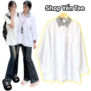 Áo sơ mi trắng dài tay phối cổ kẻ caro Yến Tee Shop chất mát đi học #019
