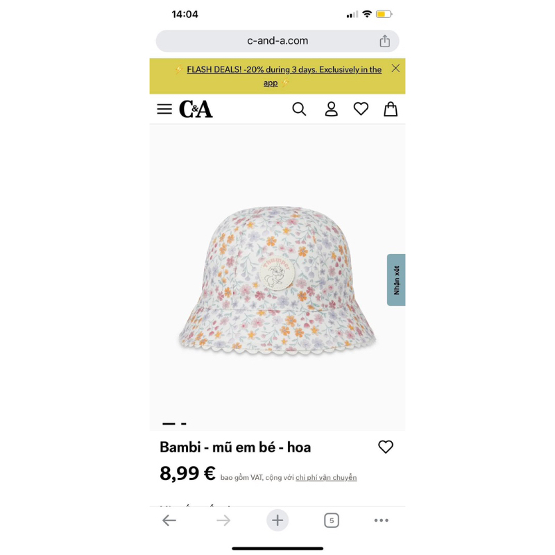 [MD120] C&A Mũ đội đầu che nắng xinh cho bé xuất xịn