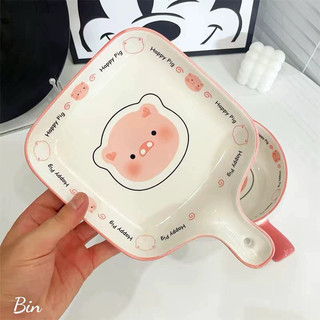 T&T0100 Set bát đĩa sứ 3 món hoạ tiết lợn hồng cute