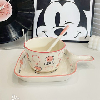 T&T0100 Set bát đĩa sứ 3 món hoạ tiết lợn hồng cute