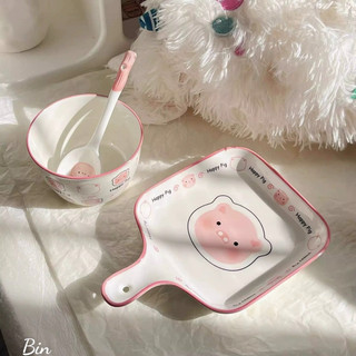 T&T0100 Set bát đĩa sứ 3 món hoạ tiết lợn hồng cute