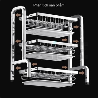 GSlife 42/53cm Kệ Chén Bát Đĩa INOX 2/3 Tầng Kèm Khay Đựng Kệ Nhà Bếp Đa Năng