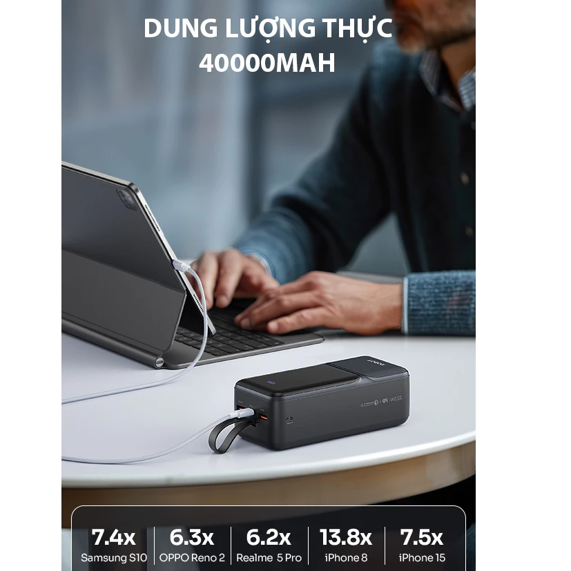 Pin Sạc Dự Phòng RT40 40.000mAh sạc nhanh 22.5W ROBOT chứng chỉ MSDS, CE MARKING, UN38.3, RoHS