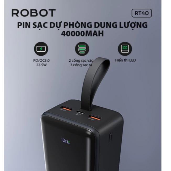 Pin Sạc Dự Phòng RT40 40.000mAh sạc nhanh 22.5W ROBOT chứng chỉ MSDS, CE MARKING, UN38.3, RoHS